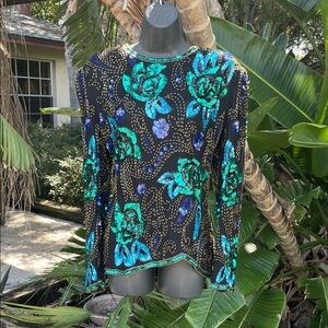 Scala dark floral beaded and sequin silk top with shoulder pads